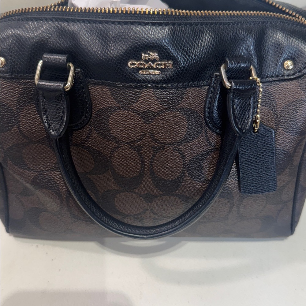 COACH Brown Signature Canvas Satchel with Black Trim